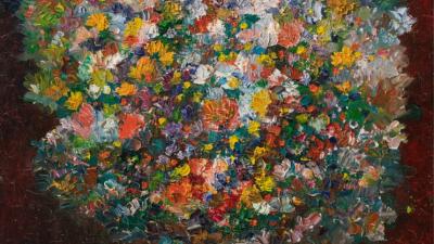 Виразна олійна картина яскравого, фактурного квіткового букета у бірюзовій вазі, виконана в техніці густого impasto.