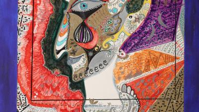 Яскравий, деталізований портрет у змішаній техніці. Обличчя в профіль і фон вкриті складним орнаментом.