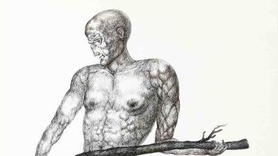 Деталізований малюнок штрихуванням м'язистого кентавра, що тримає палку.