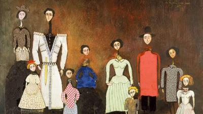 Колаж зображує родину з десяти осіб у театральному вбранні на глибокому живописному фоні.