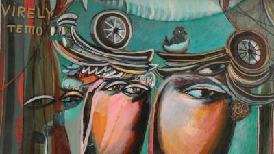 Живопис: гротескна фігура з двома профілями у стилізованій військовій формі та капелюсі з пташеням.